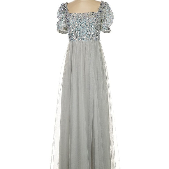 EVER PRETTY Gray Formal Maxi Dress with Sequined Bodice And Puff Sleeves - Picture 1 of 7